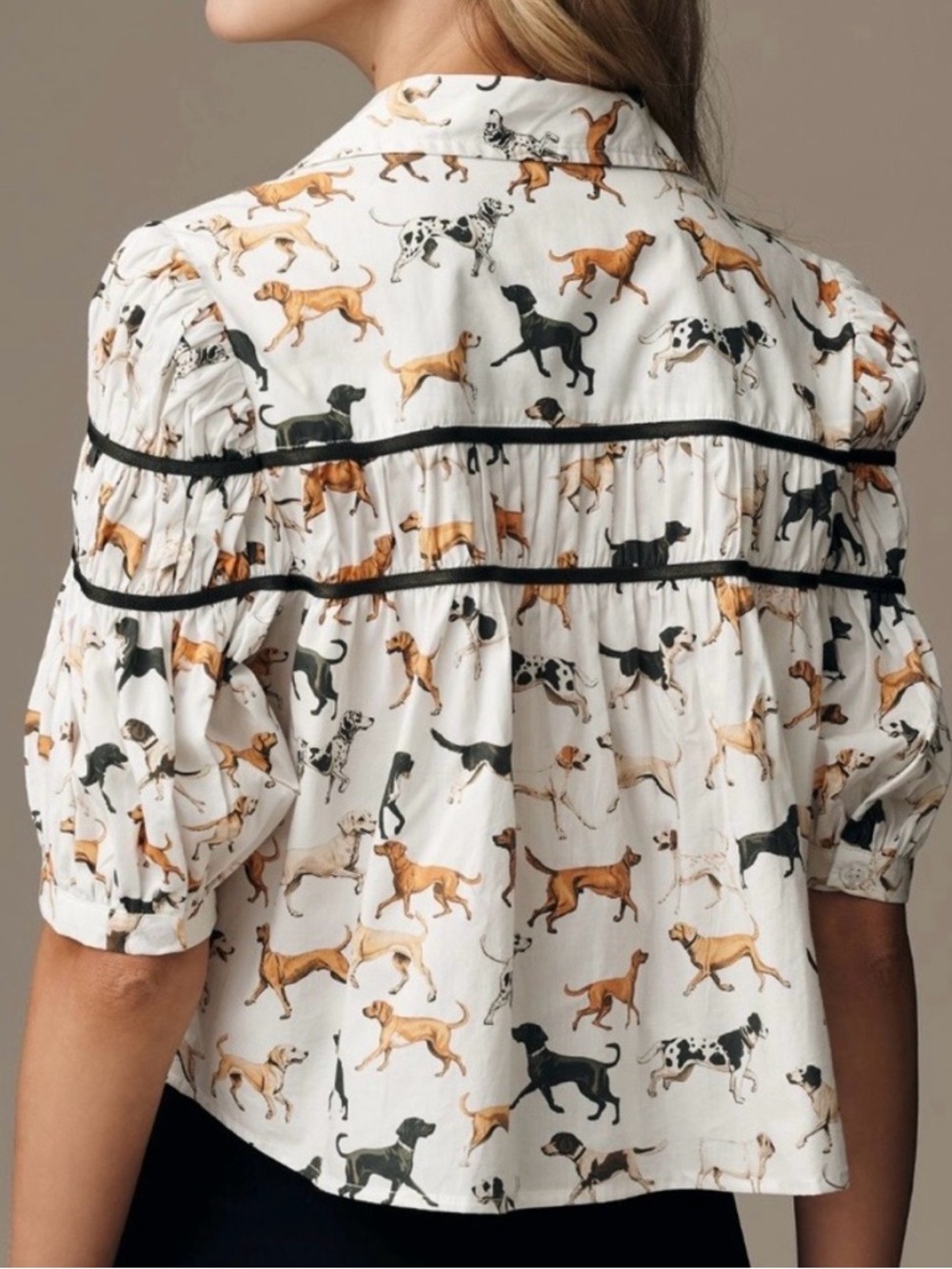 Anthropologie White Dog-Print Button Front Blouse - Picture 2 of 9